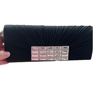 Sasha Satin Black Tie Evening Bag with Rhinestones Clutch Detachable Chain NWT